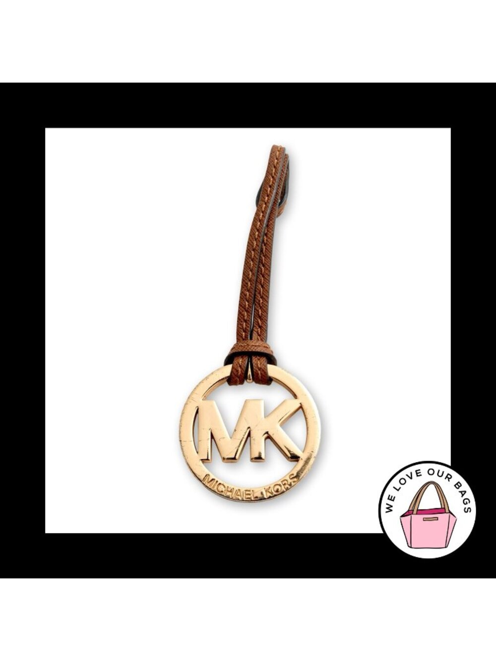 MICHAEL KORS Gold Brass Metal Brown Leather Strap Bag Charm HangTag Keychain Fob